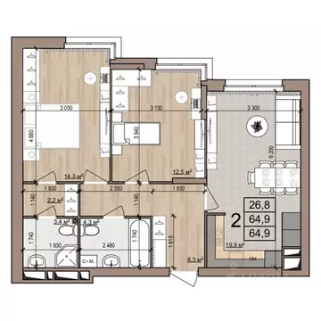 2-к кв. Рязанская область, Рязань ул. Новоселов, 33Б (64.9 м)