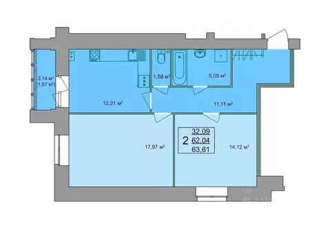 2-к кв. Костромская область, Кострома Привокзальная ул., 12 (64.4 м)