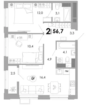 2-к кв. Владимирская область, Владимир Уно жилой комплекс (56.7 м)