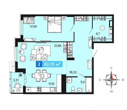 2-комнатная квартира: Засечное, микрорайон Город Спутник (82.75 м)