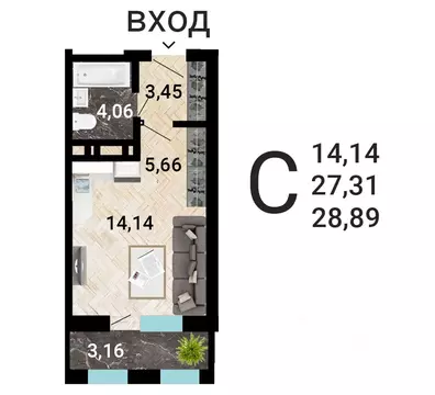 Студия Воронежская область, Воронеж ул. Летчика Демьянова, 1 (29.82 м)