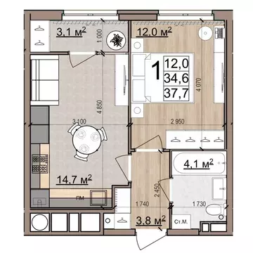 1-к кв. Рязанская область, Рязань Еврокласс жилой комплекс (37.7 м)