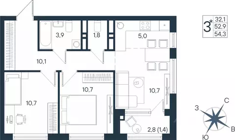 Студия Пермский край, Пермь ул. Космонавта Беляева, 17 (54.3 м)