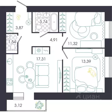 2-к кв. Пензенская область, Пенза Колышлейская ул., 7 (57.64 м)
