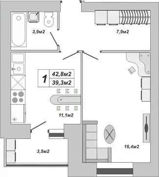 1-к кв. Тамбовская область, Тамбов ул. Чичерина, 7/1к3 (42.8 м)