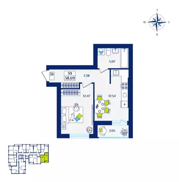 1-к кв. Калининградская область, Зеленоградск  (38.69 м)