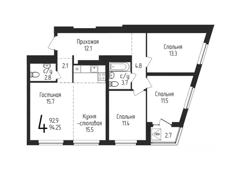 3-к кв. Башкортостан, Уфа ул. Бородинская, 19 (94.25 м)