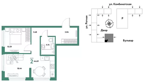 2-комнатная квартира: Екатеринбург, Ленинский район (44.69 м)