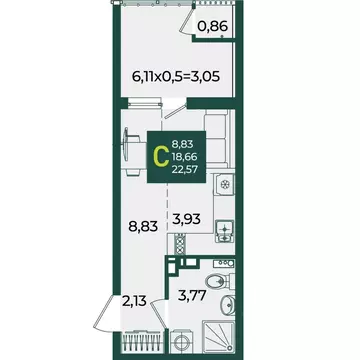 Студия Краснодарский край, Краснодар Образцово мкр,  (22.57 м)