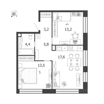 2-к кв. Москва 3-я оч., Шагал жилой комплекс, к5 (57.7 м)