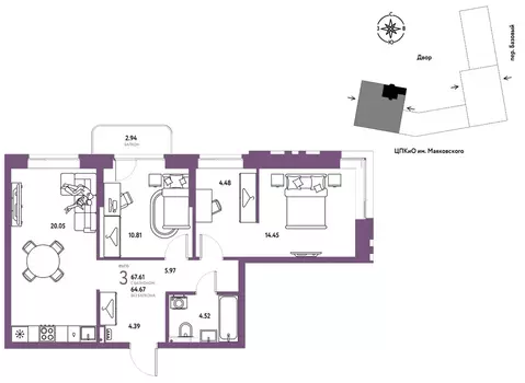 3-к кв. Свердловская область, Екатеринбург пер. Базовый, 10 (67.61 м)