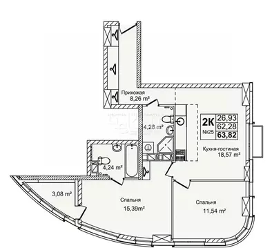 2-к кв. Нижегородская область, Нижний Новгород ул. Красных Зорь (63.82 ...