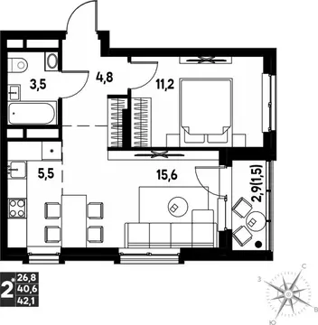 2-к кв. Пермский край, д. Кондратово просп. Дягилева, 3 (42.1 м)