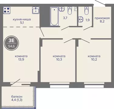 3-к кв. Пермский край, Пермь ш. Космонавтов, 309Ак1 (54.6 м)