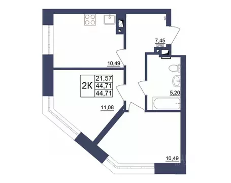 2-к кв. Башкортостан, Уфа Космос жилой комплекс, лит1 (44.91 м)