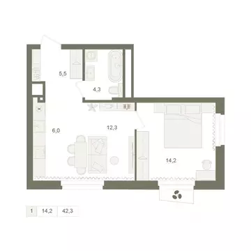 1-к кв. Башкортостан, Уфа Родина Парк жилой комплекс (42.3 м)