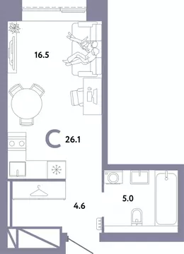 Студия Москва Страна.Заречная жилой комплекс (26.1 м)