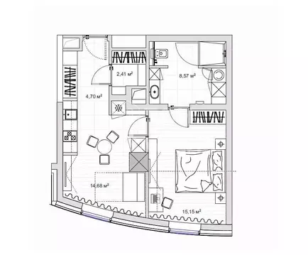 Квартира, 1 комната, 44.5 м