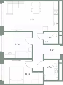 2-к кв. Ханты-Мансийский АО, Сургут ул. Крылова (64.02 м)