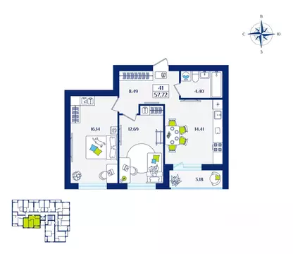 2-к кв. Калининградская область, Зеленоградск  (57.72 м)