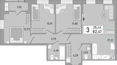 3-к кв. Башкортостан, Уфа Бакалинская ул., 9/1 (82.41 м)