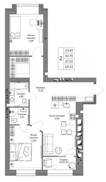 2-к кв. Калужская область, Калуга Жилыеы Острова кв-л,  (69.33 м)