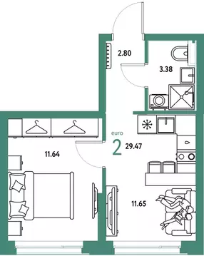 2-к кв. Свердловская область, Екатеринбург ул. Шефская, 28А (29.47 м)