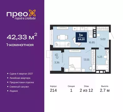 1-к кв. Тюменская область, Тюмень Тюменская Слобода мкр, Прео жилой ...