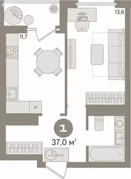 1-комнатная квартира: Екатеринбург, улица Академика Ландау, 39А (37 м)