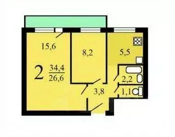 Квартира, 2 комнаты, 37.2 м