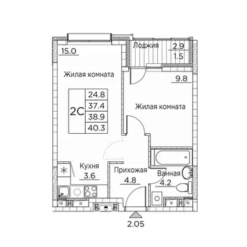 2-к кв. Приморский край, Владивосток ул. Расула Гамзатова, 7к2 (40.3 ...