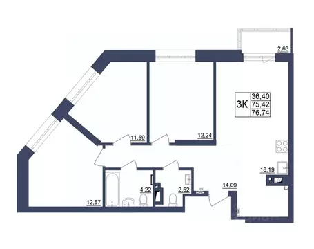 3-к кв. Башкортостан, Уфа Космос жилой комплекс, лит1 (76.9 м)