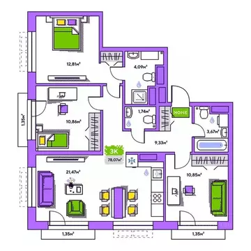 3-к кв. Тюменская область, Тюмень Полевая ул., 93к1 (78.87 м)