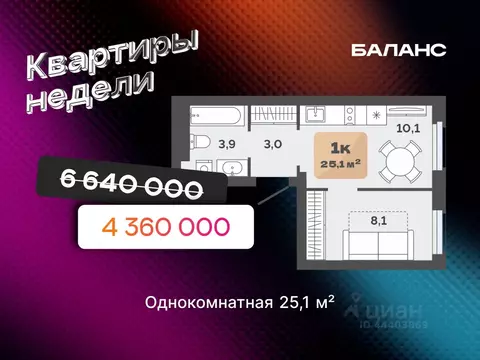 1-к кв. Тюменская область, Тюмень ул. Республики, 204к15 (25.1 м)