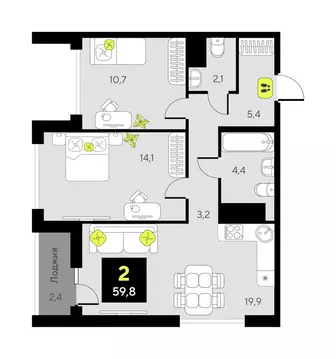 2-комнатная квартира: Тюмень, улица Ивана Чистякова, 3 (59.8 м)