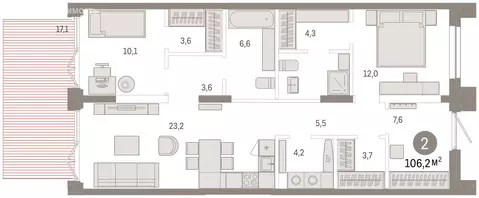 2-комнатная квартира: Тюмень, улица Республики, 205к2 (106.3 м)