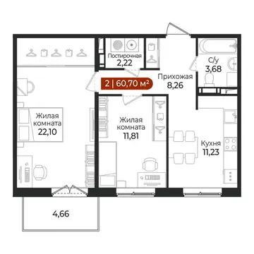 2-комнатная квартира: Всеволожский район, посёлок Щеглово (60.7 м)