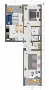 2-к кв. Воронежская область, Воронеж ул. Федора Тютчева, 105 (70.0 м)