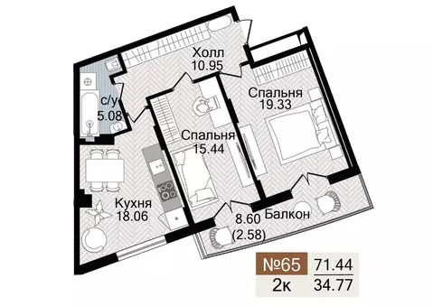 2-к кв. Калининградская область, Гурьевск  (71.44 м)