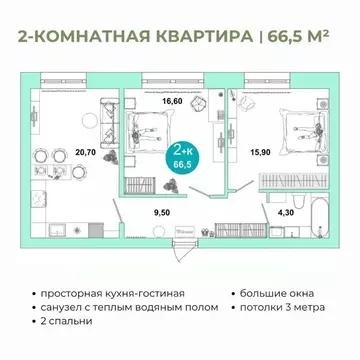 2-к кв. Оренбургская область, Оренбург Ростоши Премьер мкр,  (66.5 м)
