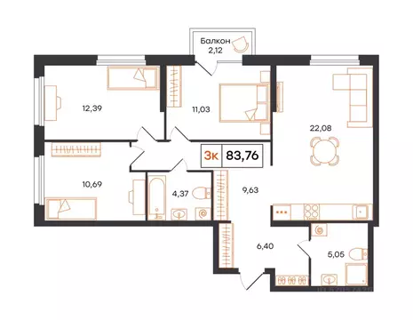 3-к кв. Тюменская область, Тюмень Полевая ул., 117к12 (83.76 м)