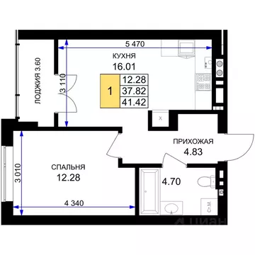 1-к кв. Калининградская область, Гурьевск Включи жилой комплекс (41.42 ...