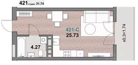 1-к кв. Калининградская область, Зеленоградск ул. Гагарина (31.74 м)