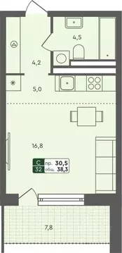 Студия Курганская область, Курган Заозерный жилрайон,  (38.3 м)