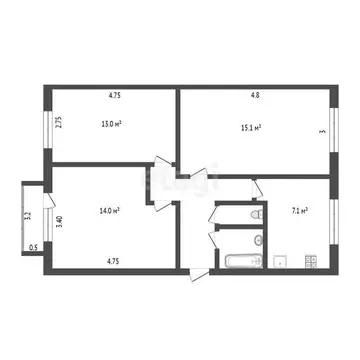3-комнатная квартира: Дмитров, Большевистский переулок, 4А (57.8 м)