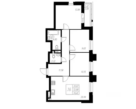 3-к кв. Татарстан, Казань Статный жилой комплекс, 1 (74.41 м)