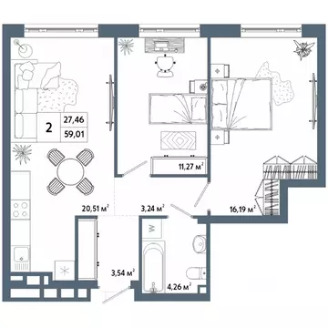 2-к кв. Башкортостан, Уфа 42-й кв-л,  (59.01 м)