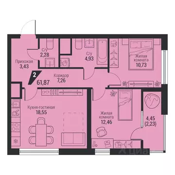2-к кв. Свердловская область, Екатеринбург просп. Космонавтов, 100 ...