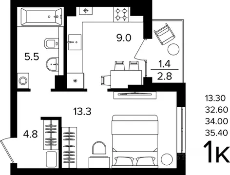1-к кв. Калининградская область, Гурьевский муниципальный округ, пос. ...