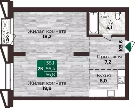2-к кв. Алтайский край, Барнаул ул. 6-я Нагорная, 15Г/12 (56.8 м)